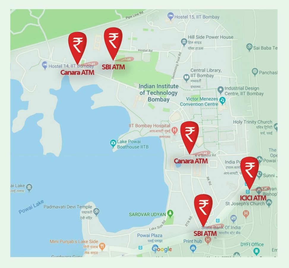 Map of IIT Bombay highlighting all bank branches, ATMs and E-Corners